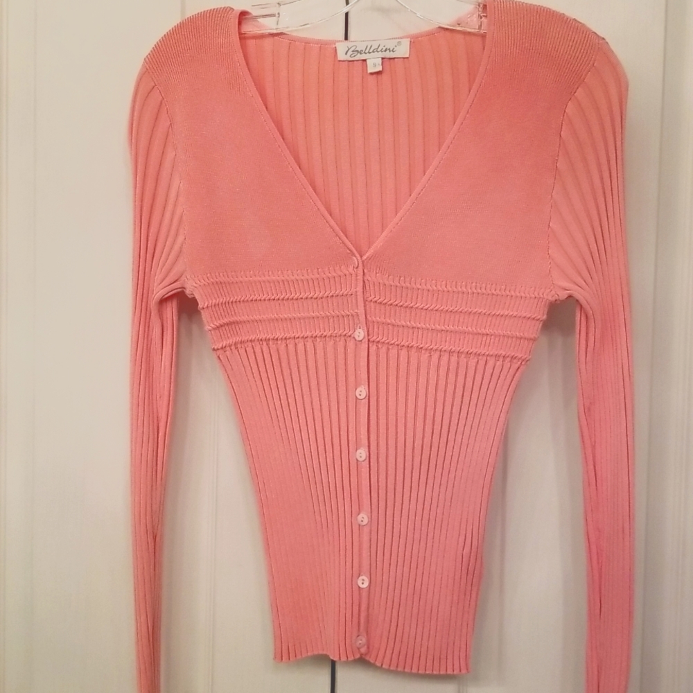Fitted Small Ribbed Sweater Cardigan S Pink